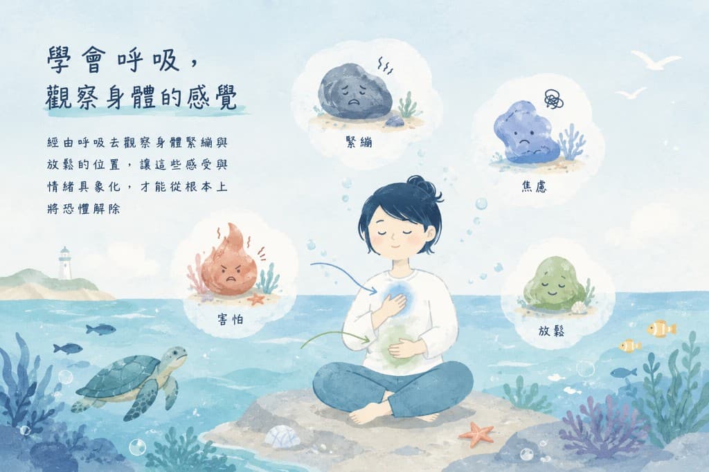 自由潛水課程第一步：透過呼吸觀察身體緊繃、焦慮、害怕與放鬆的示意插畫