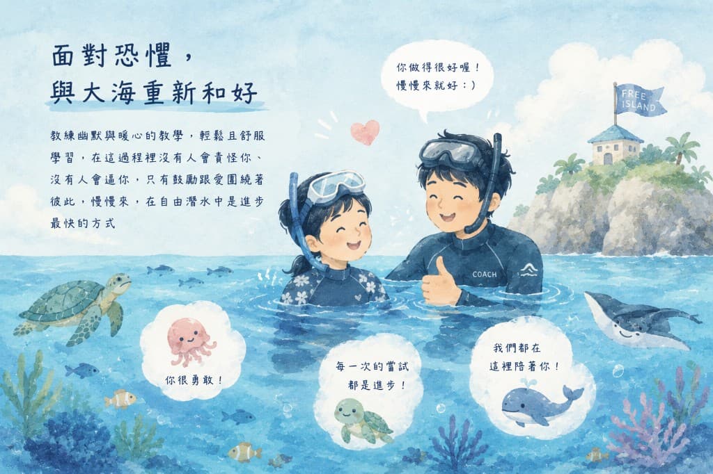 自由潛水教練陪伴學員在海中面對恐懼、慢慢來的暖心教學插畫