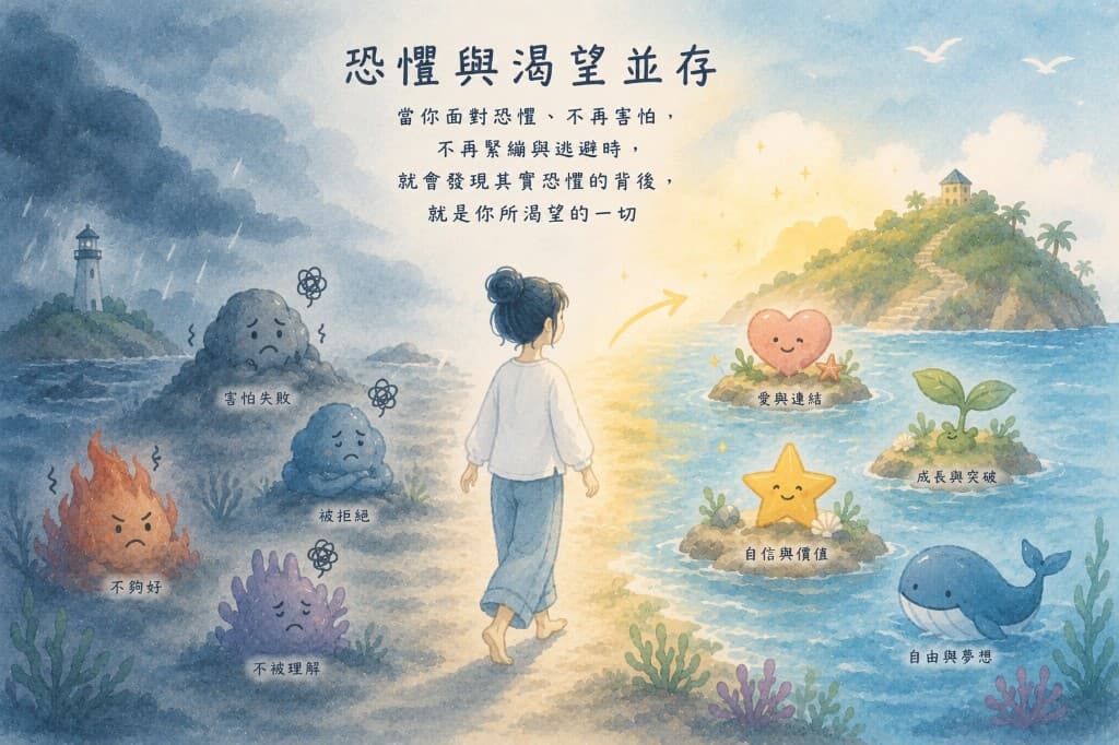 從害怕失敗走向愛與連結：恐懼與渴望並存的自由潛水心理旅程插畫