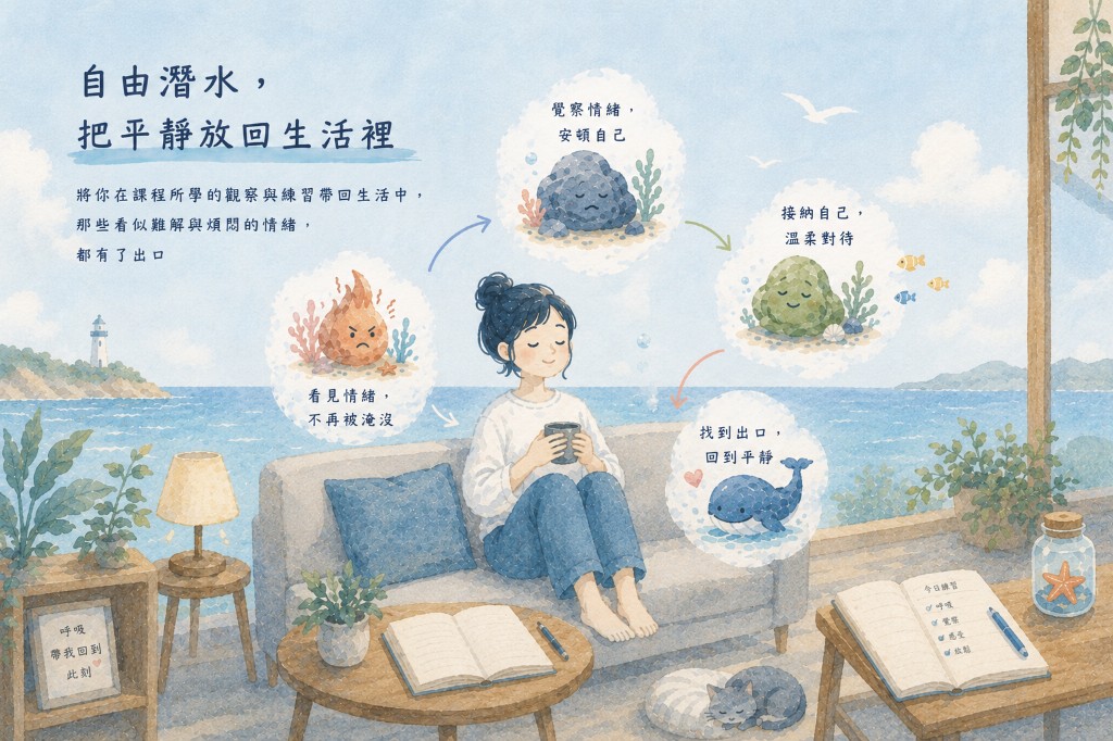 把自由潛水課程的呼吸與覺察練習帶回日常生活、找回平靜的插畫